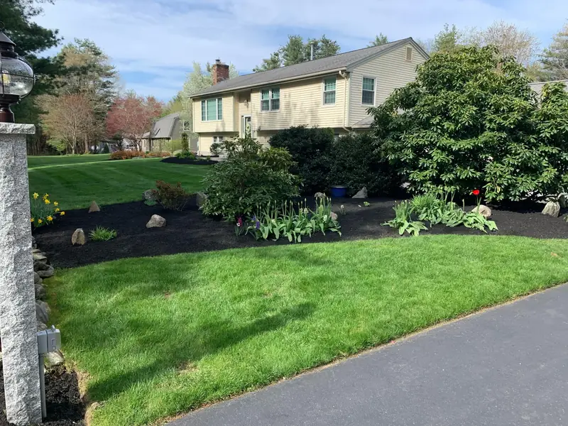 New mulch beds and plantings along a driveway