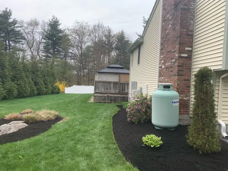 Mulched beds and shrubs beside a home