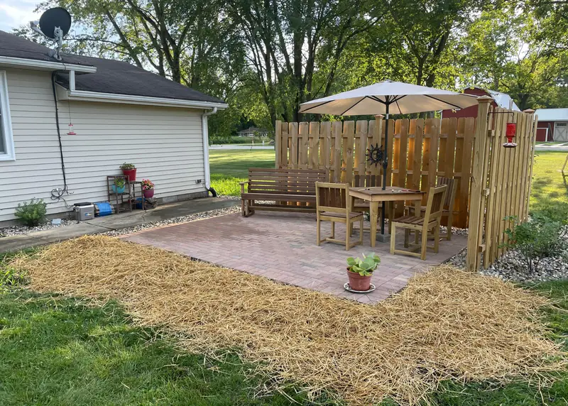 Patio area with fresh straw-covered seed and outdoor furniture