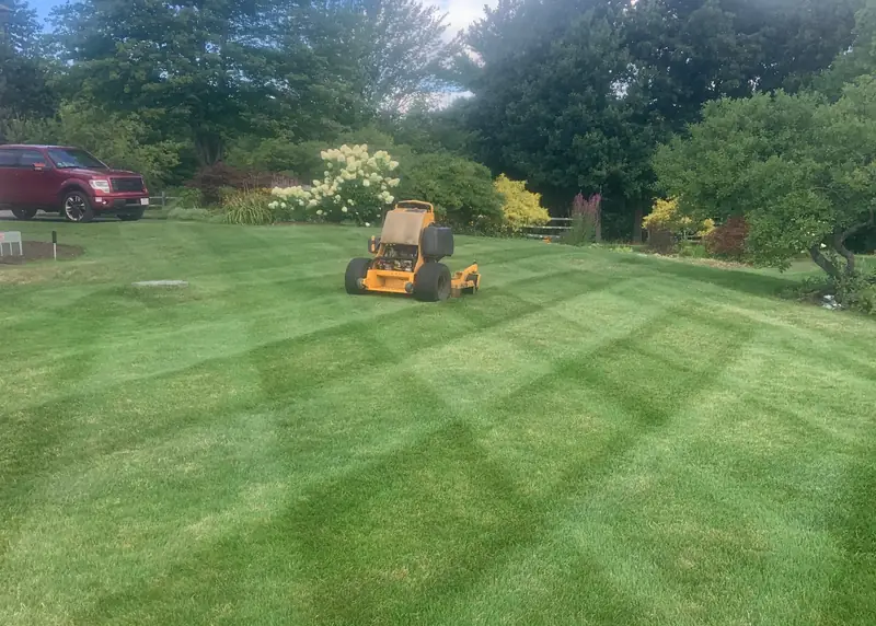 Stand-on mower cutting stripes into a lawn