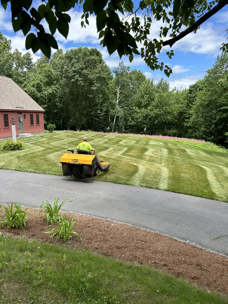 Mowing a large lawn beside a driveway